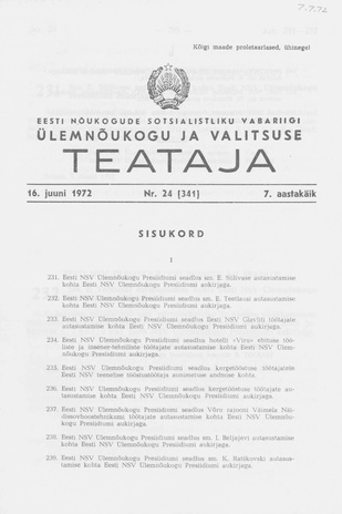 Eesti Nõukogude Sotsialistliku Vabariigi Ülemnõukogu ja Valitsuse Teataja ; 24 (341) 1972-06-16