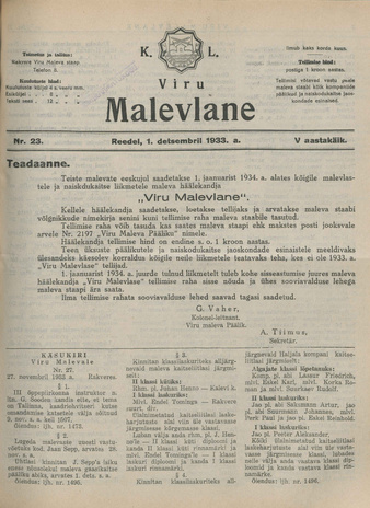 K. L. Viru Malevlane ; 23 1933-12-01