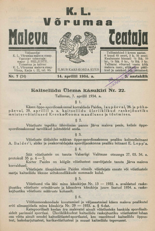 K. L. Võrumaa Maleva Teataja ; 7 (24) 1934-04-14