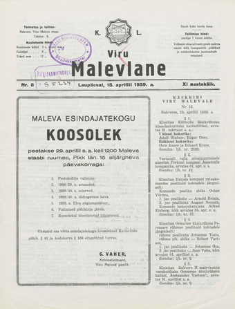 K. L. Viru Malevlane ; 8 1939-04-15