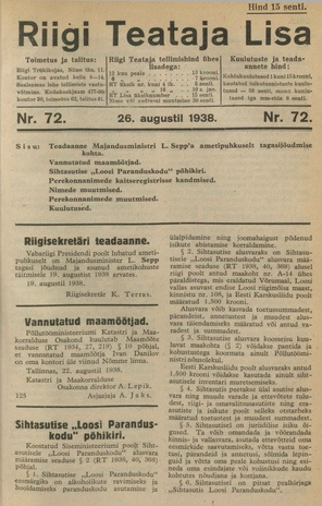 Riigi Teataja Lisa : seaduste alustel avaldatud teadaanded ; 72 1938-08-26