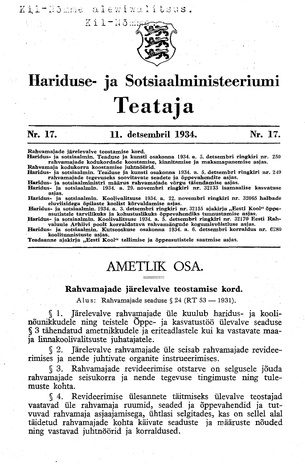 Hariduse- ja Sotsiaalministeeriumi Teataja ; 17 1934-12-11