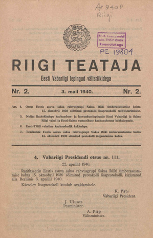 Riigi Teataja. Eesti Vabariigi lepingud välisriikidega ; 2 1940-05-03