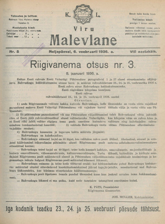 K. L. Viru Malevlane ; 5 1936-02-06