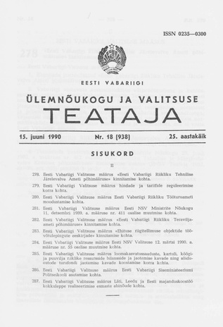 Eesti Vabariigi Ülemnõukogu ja Valitsuse Teataja ; 18 (938) 1990-06-15