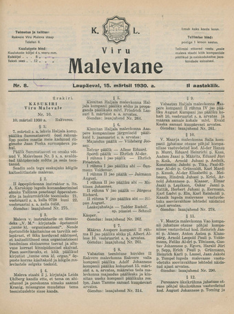 K. L. Viru Malevlane ; 8 1930-03-15