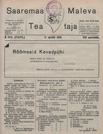 Saaremaa Maleva Teataja ; 10/11 (174/175) 1936-04-08