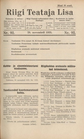 Riigi Teataja Lisa : seaduste alustel avaldatud teadaanded ; 92 1933-11-28