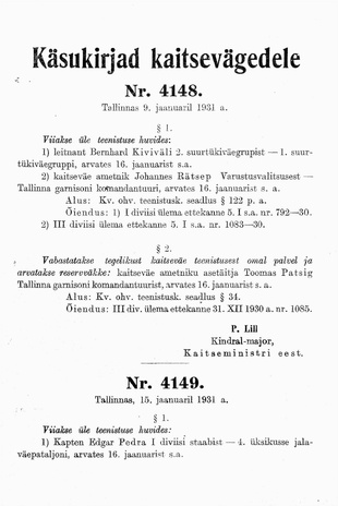 Käsukirjad kaitsevägedele : 1931 : nr. 4148 - 4222 : 9. jaan. - 28. dets.