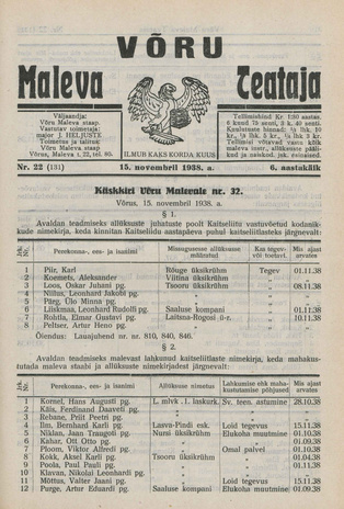 Võru Maleva Teataja ; 22 (131) 1938-11-15