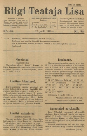 Riigi Teataja Lisa : seaduste alustel avaldatud teadaanded ; 54 1929-07-12