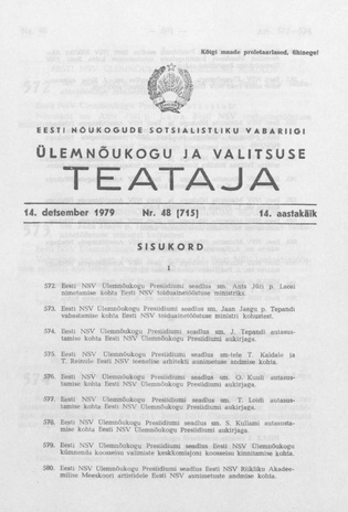 Eesti Nõukogude Sotsialistliku Vabariigi Ülemnõukogu ja Valitsuse Teataja ; 48 (715) 1979-12-14