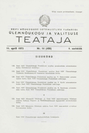 Eesti Nõukogude Sotsialistliku Vabariigi Ülemnõukogu ja Valitsuse Teataja ; 14 (488) 1975-04-11