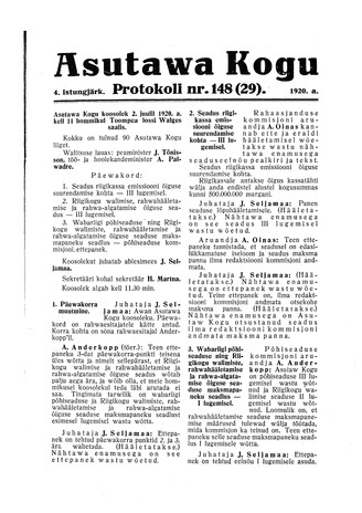 Asutawa Kogu protokoll nr.148 (29) (2. juuli 1920)