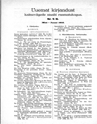 Uuemat Kirjandust Kaitsevägede Staabi raamatukogus ; 5-6 1932