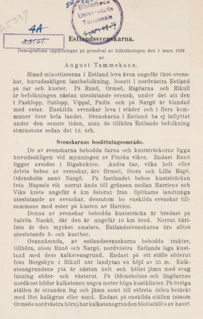 Estlandssvenskarna : demografiska upplysningar på grundval av folkräkningen den 1 mars 1934