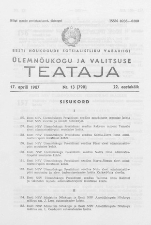 Eesti Nõukogude Sotsialistliku Vabariigi Ülemnõukogu ja Valitsuse Teataja ; 13 (790) 1987-04-17