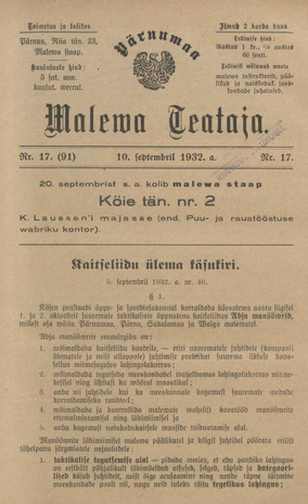 Pärnumaa Maleva Teataja ; 17 (91) 1932-09-10