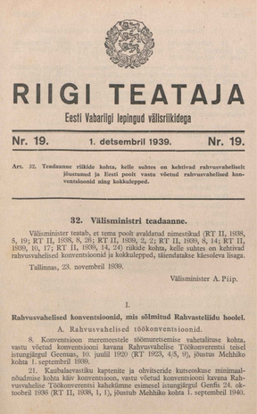 Riigi Teataja. Eesti Vabariigi lepingud välisriikidega ; 19 1939-12-01