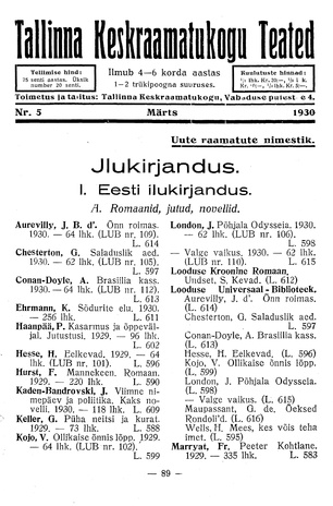 Tallinna Keskraamatukogu Teated ; 5 1930-03