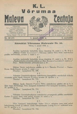 K. L. Võrumaa Maleva Teataja ; 10 (27) 1934-06-01