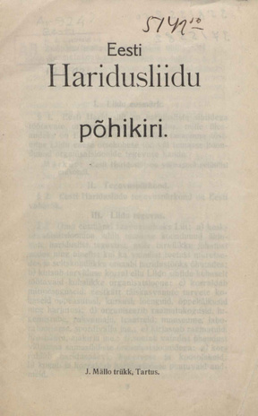 Eesti Haridusliidu põhikiri : registreeritud 15. sept. 1924