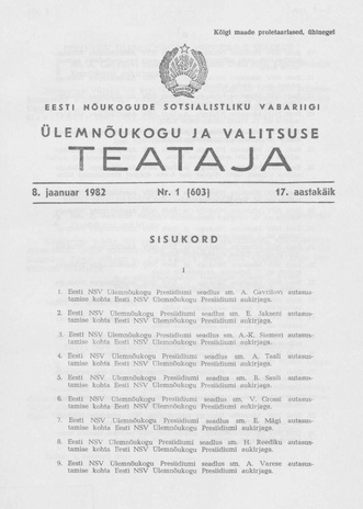 Eesti Nõukogude Sotsialistliku Vabariigi Ülemnõukogu ja Valitsuse Teataja ; 1 (603) 1982-01-08
