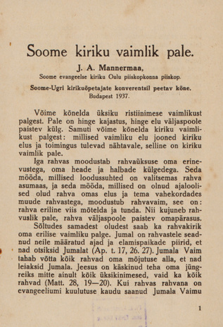 Soome kiriku vaimlik pale : soome-ugri kirikuõpetajate konverentsil peetav kõne, Budapest 1937 