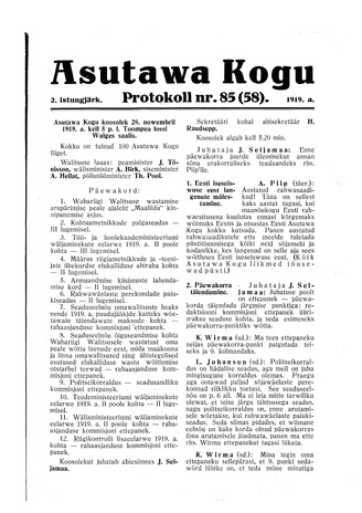 Asutawa Kogu protokoll nr.85 (58) (28. november 1919)