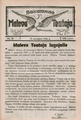 Sakalamaa Maleva Teataja ; 20 1936-11-27