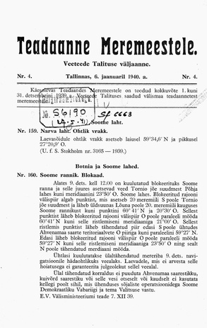 Teadaanne Meremeestele : Veeteede Talituse väljaanne ; 4 1940-01-06