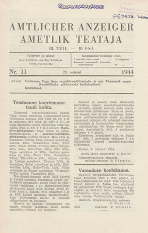 Ametlik Teataja. III osa = Amtlicher Anzeiger. III Teil ; 11 1944-03-23