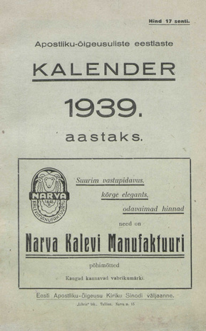 Apostlik-õigeusuliste eestlaste kalender 1939 aastaks ; 1938