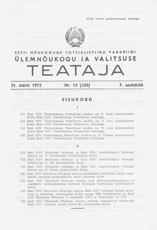 Eesti Nõukogude Sotsialistliku Vabariigi Ülemnõukogu ja Valitsuse Teataja ; 13 (330) 1972-03-31