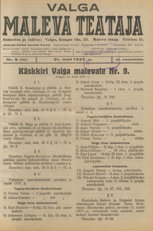 Valga Maleva Teataja ; 9 (182) 1937-05-21
