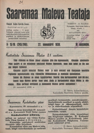 Saaremaa Maleva Teataja ; 15/16 (245/246) 1939-11-22
