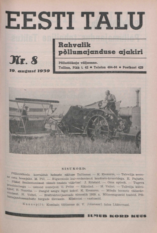 Eesti Talu : rahvalik põllumajanduse ajakiri ; 8 1939-08-19