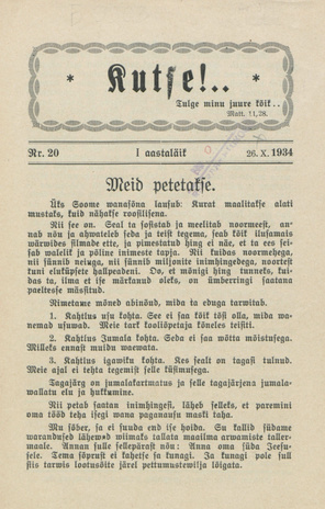 Kutse! : äratusleht linnas ja maal ; 20 1934-10-26