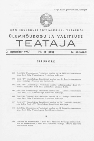 Eesti Nõukogude Sotsialistliku Vabariigi Ülemnõukogu ja Valitsuse Teataja ; 36 (608) 1977-09-02