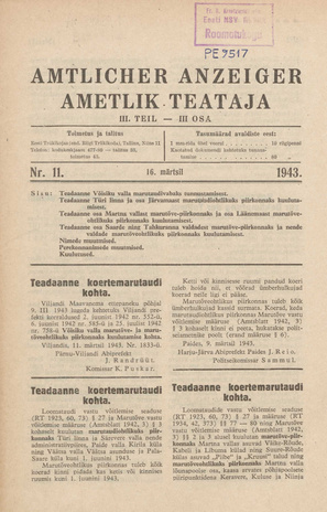 Ametlik Teataja. III osa = Amtlicher Anzeiger. III Teil ; 11 1943-03-16