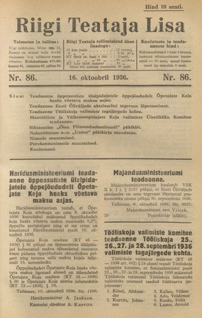 Riigi Teataja Lisa : seaduste alustel avaldatud teadaanded ; 86 1936-10-16