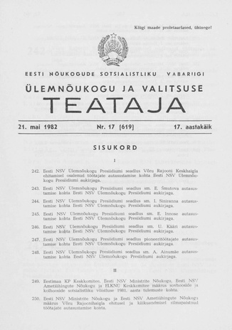 Eesti Nõukogude Sotsialistliku Vabariigi Ülemnõukogu ja Valitsuse Teataja ; 17 (619) 1982-05-21