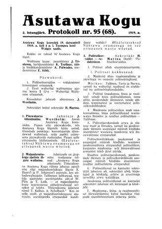 Asutawa Kogu protokoll nr.95 (68) (19. detsember 1919)
