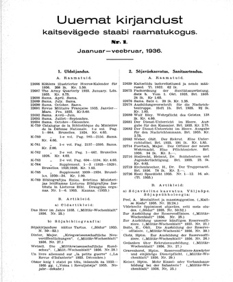 Uuemat Kirjandust Kaitsevägede Staabi raamatukogus ; 1 1936