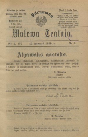 Pärnumaa Maleva Teataja ; 1 (5) 1929-01-10
