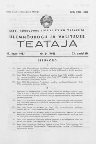 Eesti Nõukogude Sotsialistliku Vabariigi Ülemnõukogu ja Valitsuse Teataja ; 21 (798) 1987-06-19