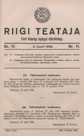 Riigi Teataja. Eesti Vabariigi lepingud välisriikidega ; 11 1939-06-02