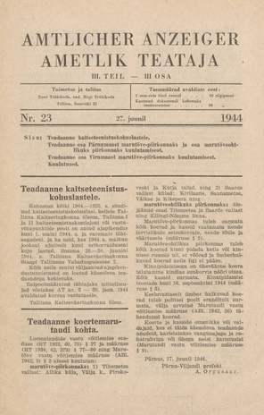 Ametlik Teataja. III osa = Amtlicher Anzeiger. III Teil ; 23 1944-06-27