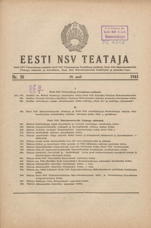 Eesti NSV Teataja ; 20 1945-05-29