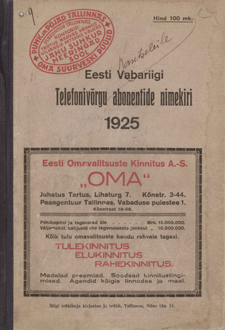 Eesti Vabariigi telefonivõrgu abonentide nimekiri : 1925